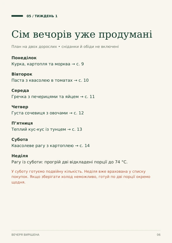 Сторінка 6: меню першого тижня